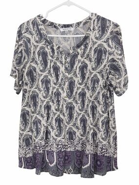 Plus Size Blue Paisley Tunic Top 1X Flowy Peasant Boho Blouse